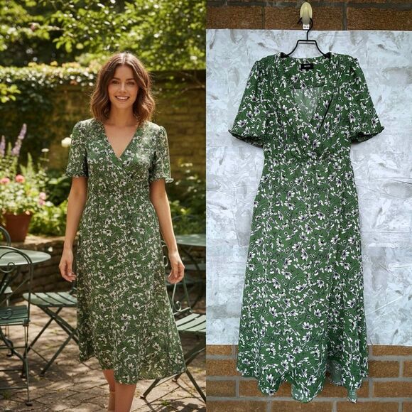 ME+EM GREEN/WHITE FLORAL MAXI DRESS, WRAP DETAIL. Size UK8/USA 4 -  coffeafoods.com